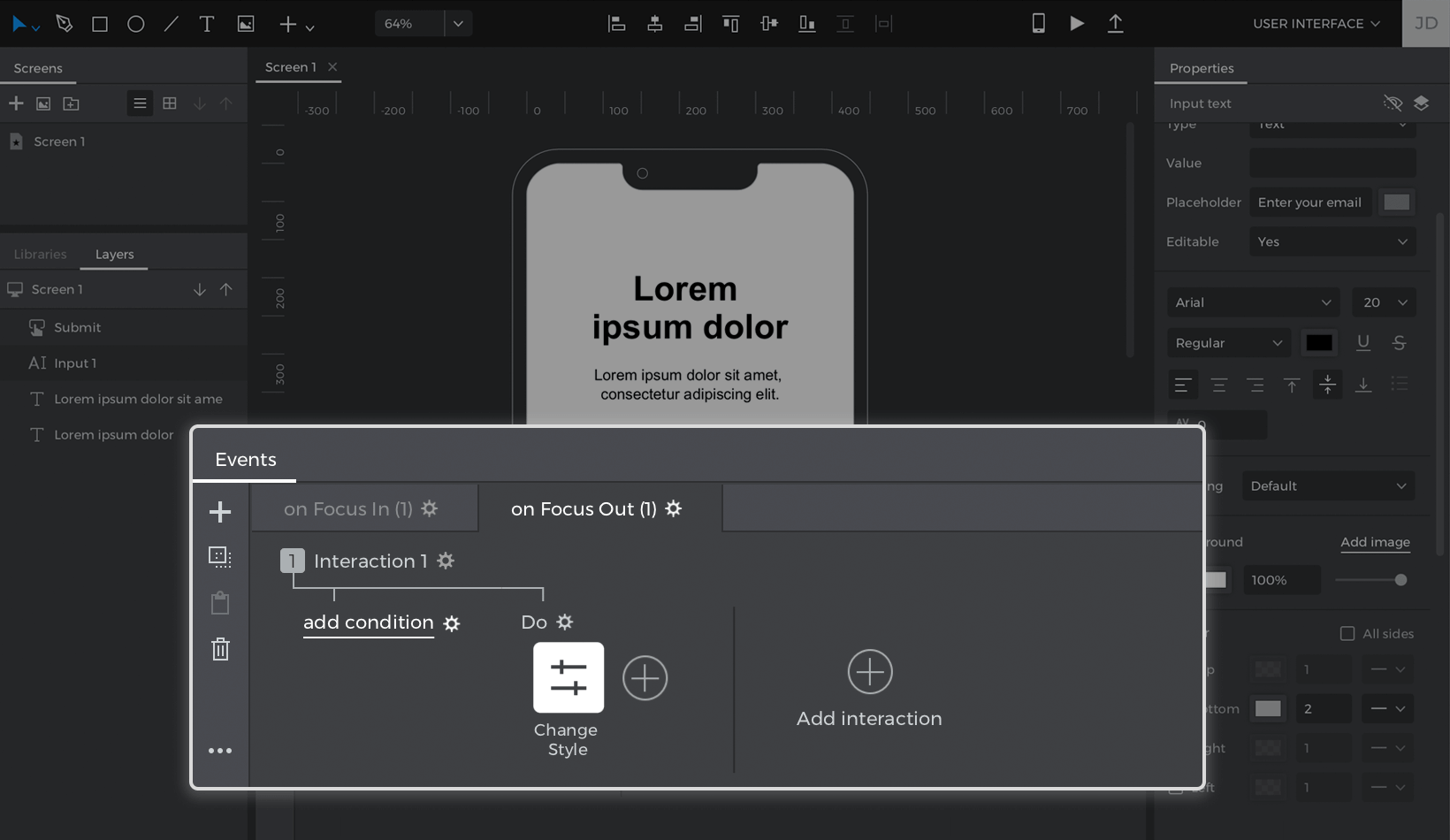 Events palette with an on focus in and on focus out event