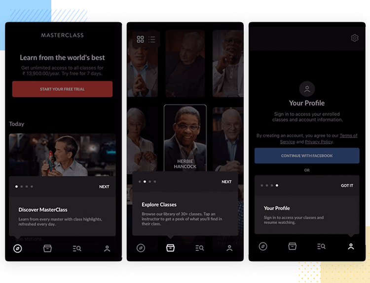 masterclass as example of good mobile app onboarding
