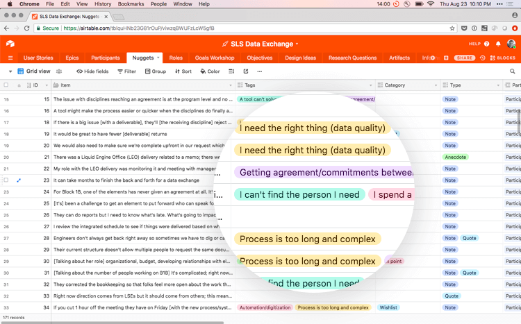 Data driven design at NASA - using Airtable to display nuggets and themes