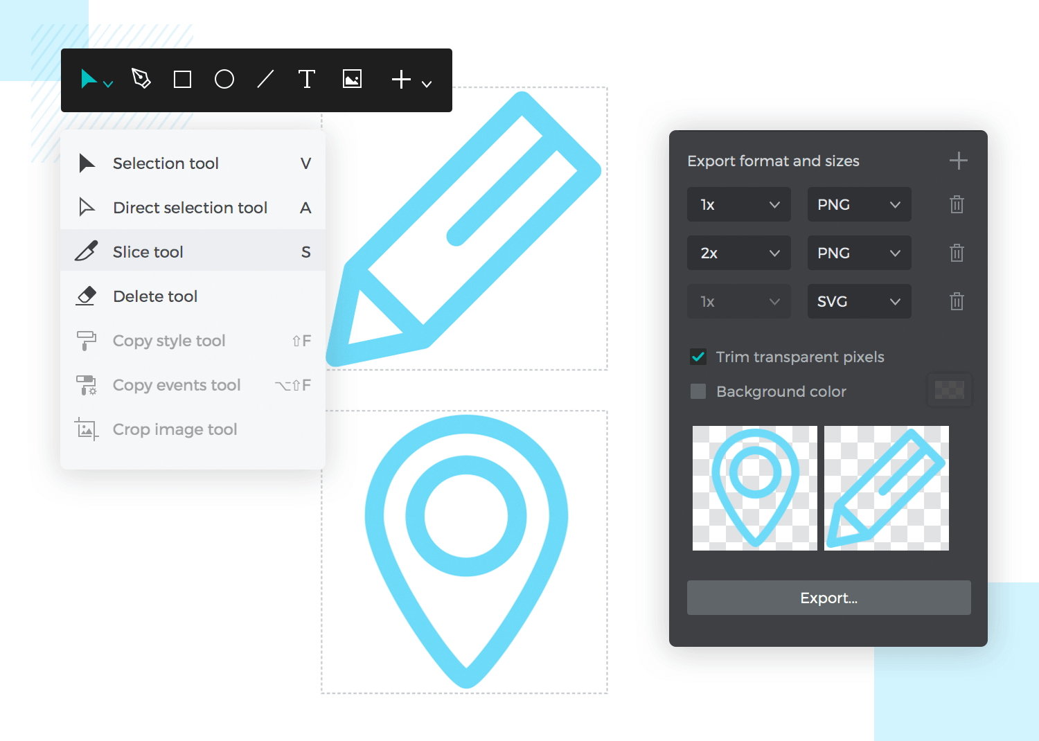 showing the slices feature of asset exportation